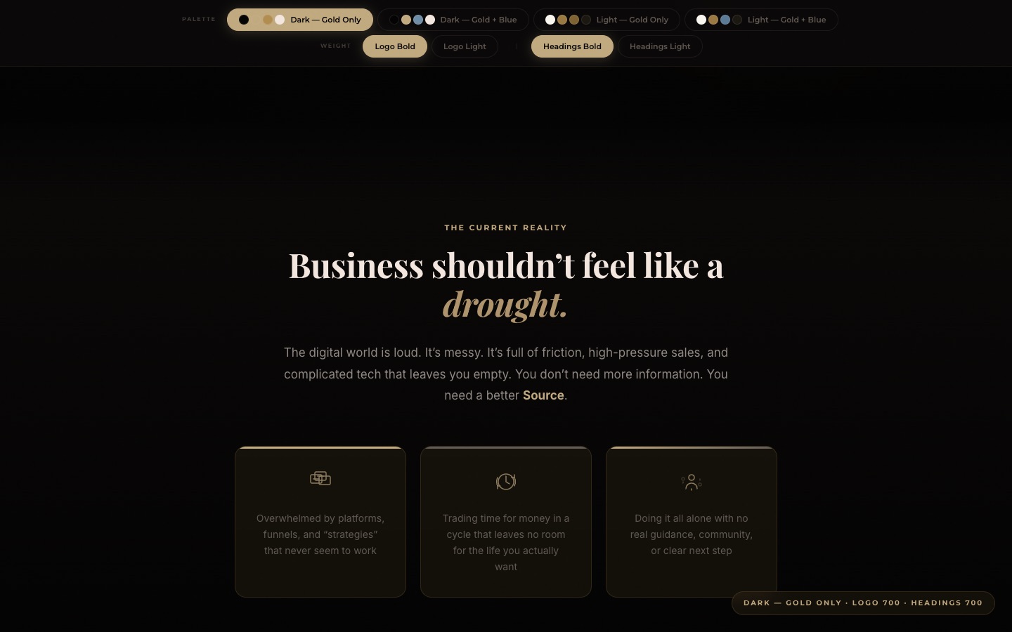 Premium brand palette with gold accents and glass morphism